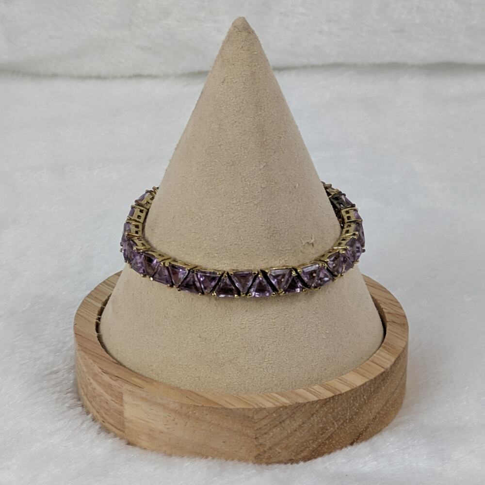 Lab Amethyst Trillion Cut Tennis Bracelet 7" S925 10K Gold Vermeil RF Signed